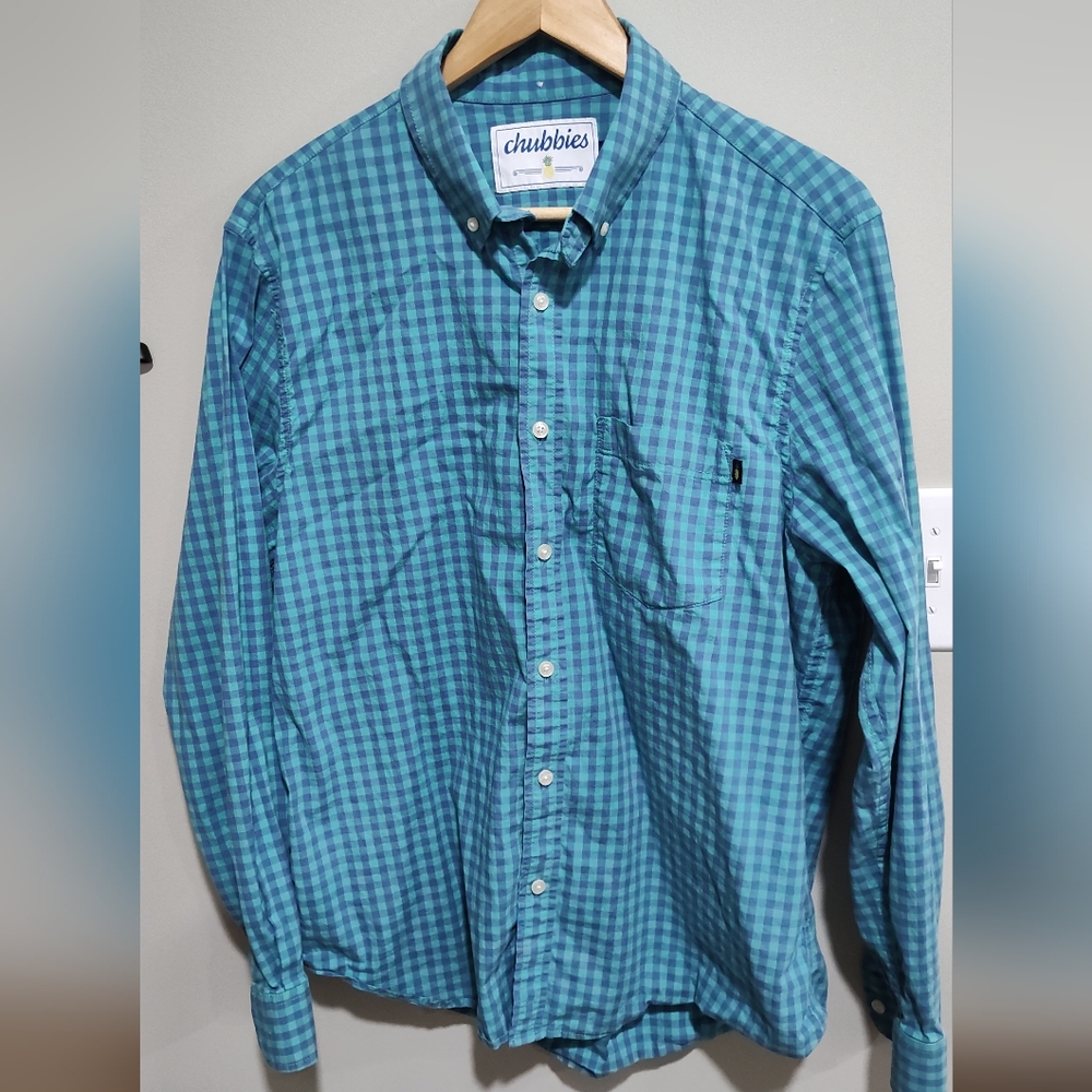 Chubbies Men's Button Down Long Sleeve Blue Teal Gingham Plaid Shirt, size L